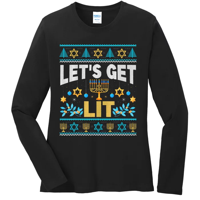 Let's Get Lit Hanukkah Menorah Funny Ugly Christmas Sweater Ladies Long Sleeve Shirt