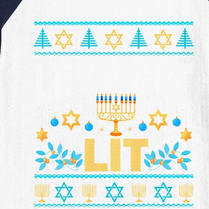 Let's Get Lit Hanukkah Menorah Funny Ugly Christmas Sweater Baseball Sleeve Shirt