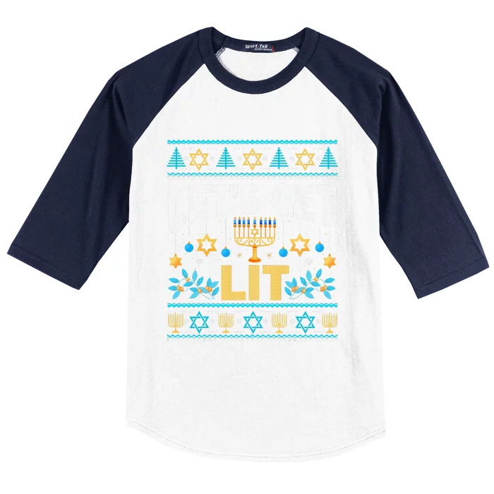 Let's Get Lit Hanukkah Menorah Funny Ugly Christmas Sweater Baseball Sleeve Shirt