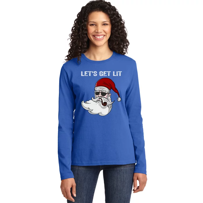 Let's Get Lit Adult Funny Christmas Xmas Pajama Santa Smoker Funny Gift Ladies Long Sleeve Shirt