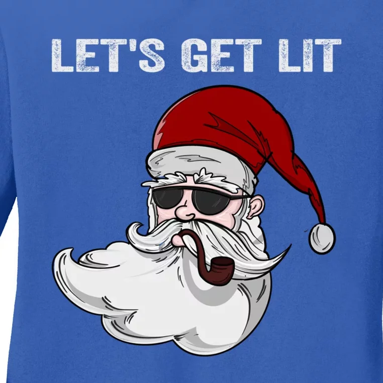 Let's Get Lit Adult Funny Christmas Xmas Pajama Santa Smoker Funny Gift Ladies Long Sleeve Shirt