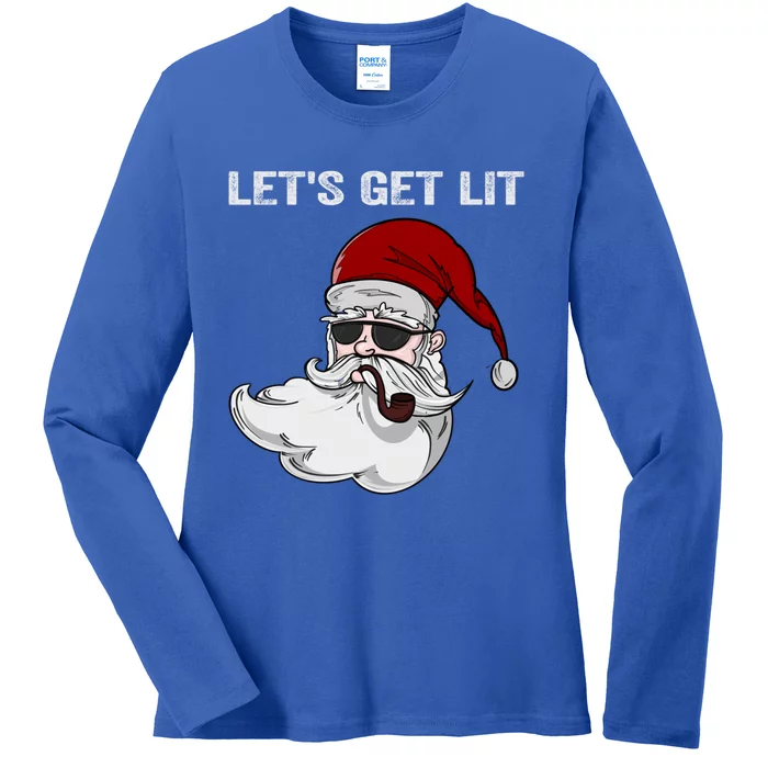 Let's Get Lit Adult Funny Christmas Xmas Pajama Santa Smoker Funny Gift Ladies Long Sleeve Shirt