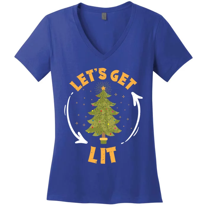 Let's Get Lit Funny Christmas Ing Xmas Tree Lover Gift Women's V-Neck T-Shirt