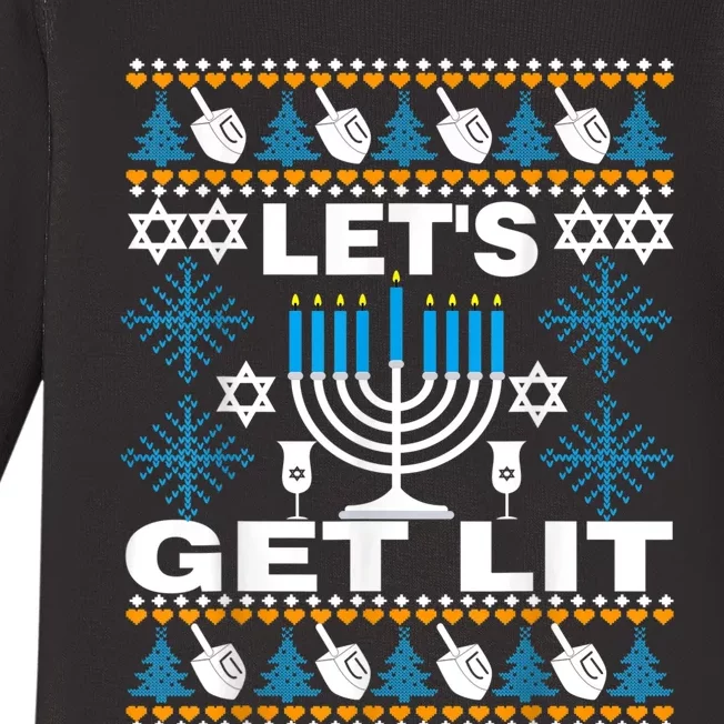 Let's Get Lit Chanukah Happy Hanukkah Ugly Sweater For Baby Long Sleeve Bodysuit