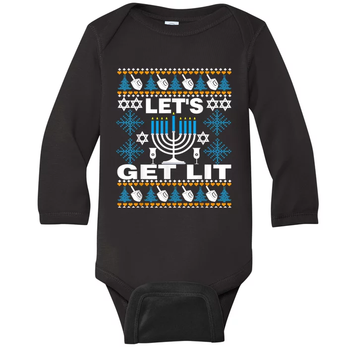 Let's Get Lit Chanukah Happy Hanukkah Ugly Sweater For Baby Long Sleeve Bodysuit