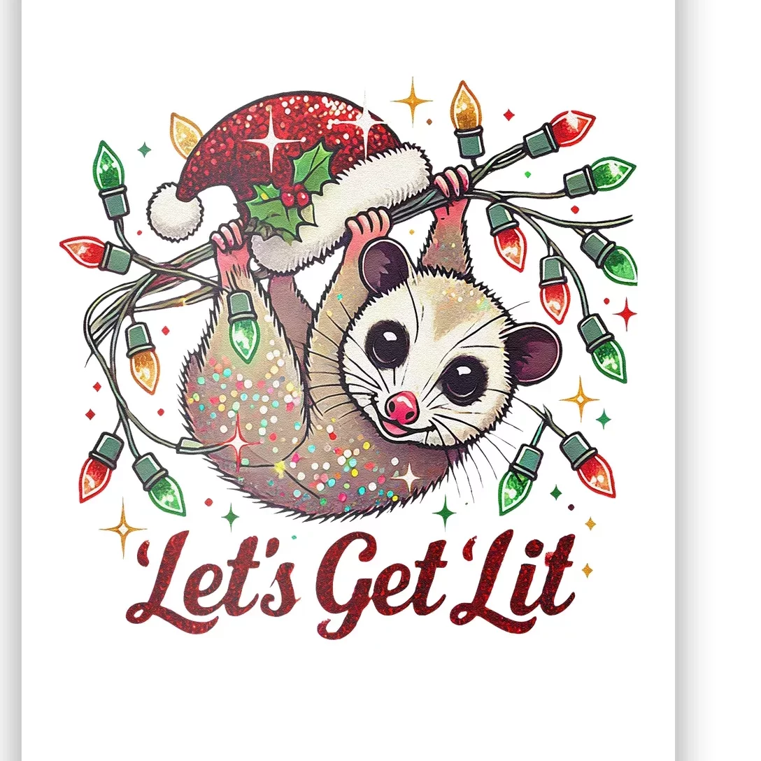 LetS Get Lit Drinking Santa Hat Funny Christmas Opossum Poster