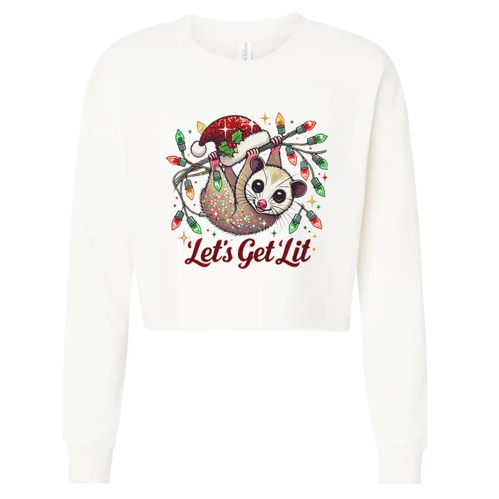 LetS Get Lit Drinking Santa Hat Funny Christmas Opossum Cropped Pullover Crew