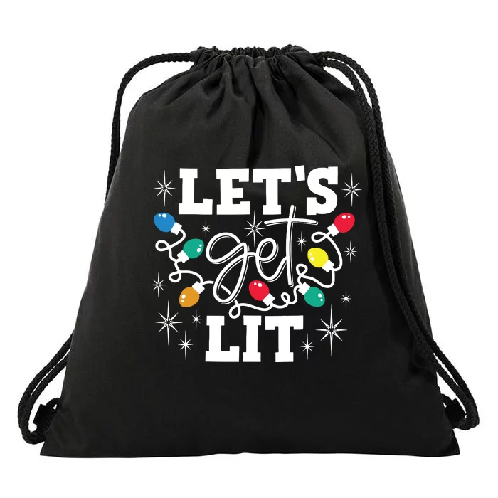 Lets Get Lit Drinking Santa Hat Christmas Lights Funny Drawstring Bag