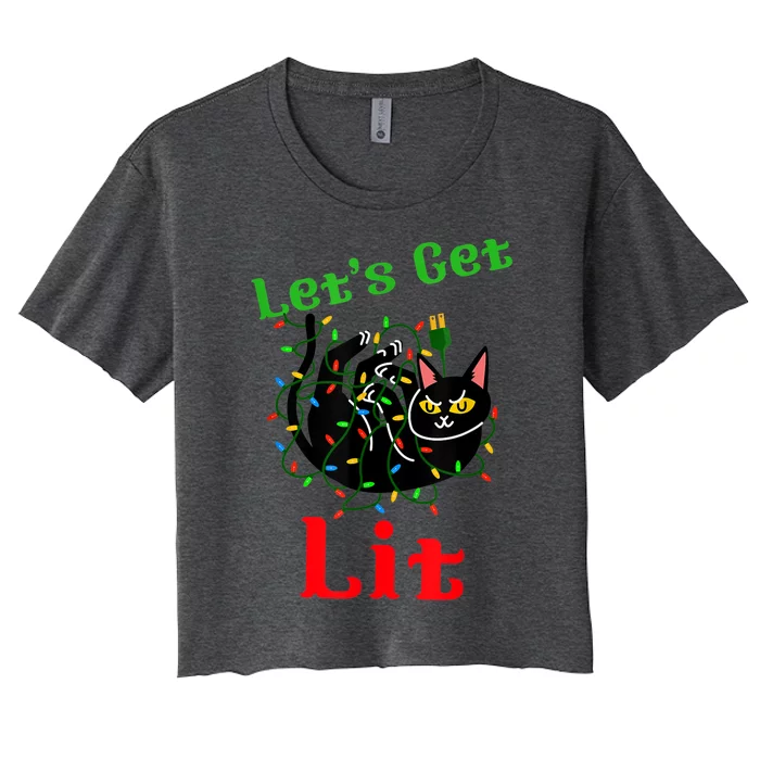 LetS Get Lit Funny Christmas Holiday Cat Women's Crop Top Tee