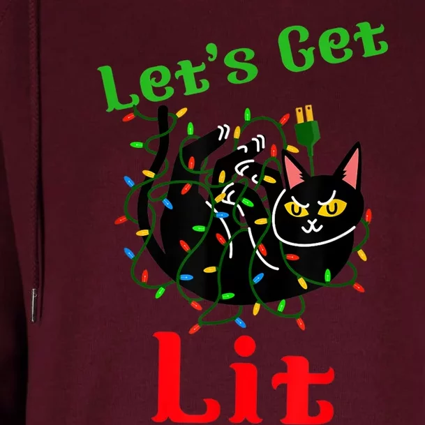 LetS Get Lit Funny Christmas Holiday Cat Womens Funnel Neck Pullover Hood