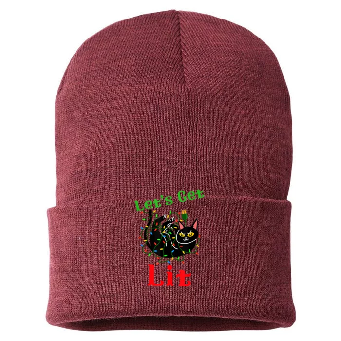 LetS Get Lit Funny Christmas Holiday Cat Sustainable Knit Beanie