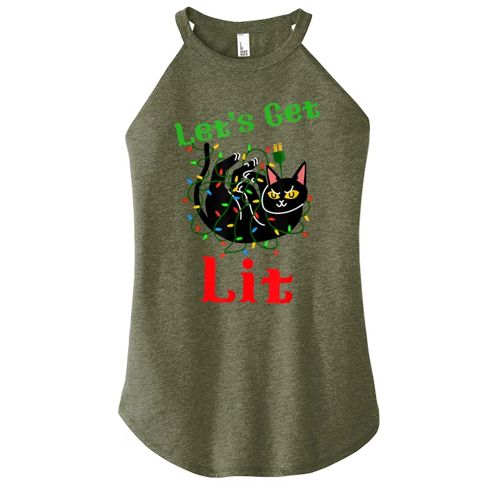 LetS Get Lit Funny Christmas Holiday Cat Women’s Perfect Tri Rocker Tank