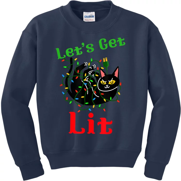 LetS Get Lit Funny Christmas Holiday Cat Kids Sweatshirt