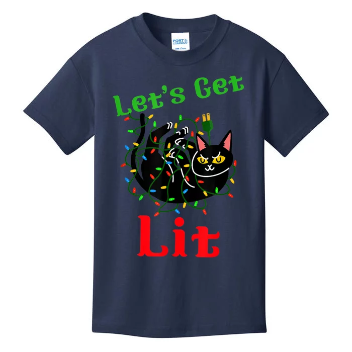 LetS Get Lit Funny Christmas Holiday Cat Kids T-Shirt