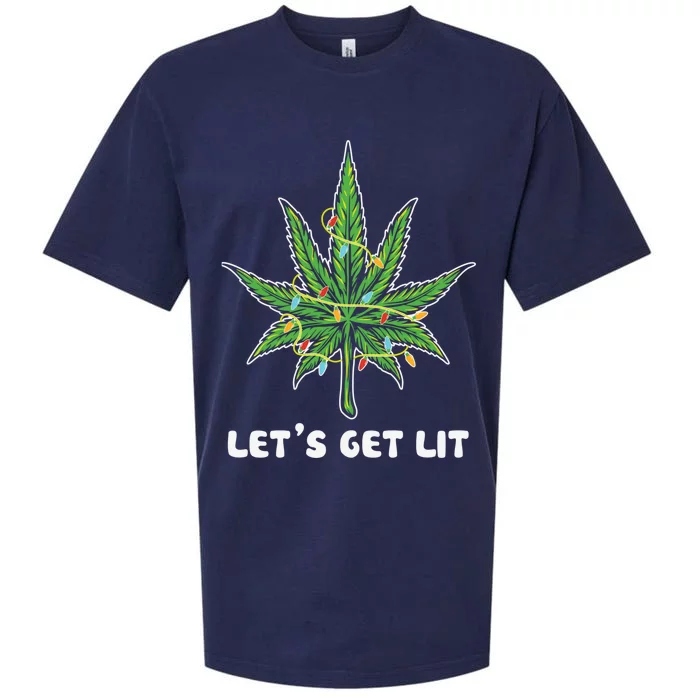 Let's Get Lit Christmas Cool Gift Funny Marijuana Leaf Weed Xmas Gift Sueded Cloud Jersey T-Shirt