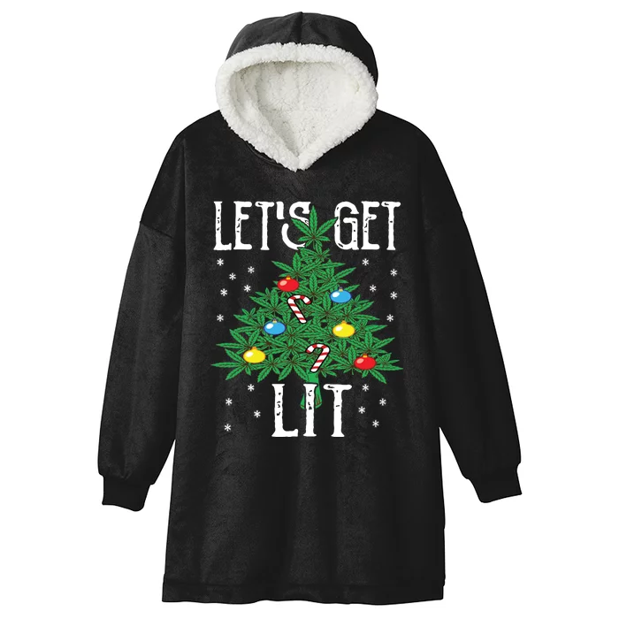 Lets Get Lit Marijuana Leaf Christmas Tree Cannabis Weed Hooded Wearable Blanket