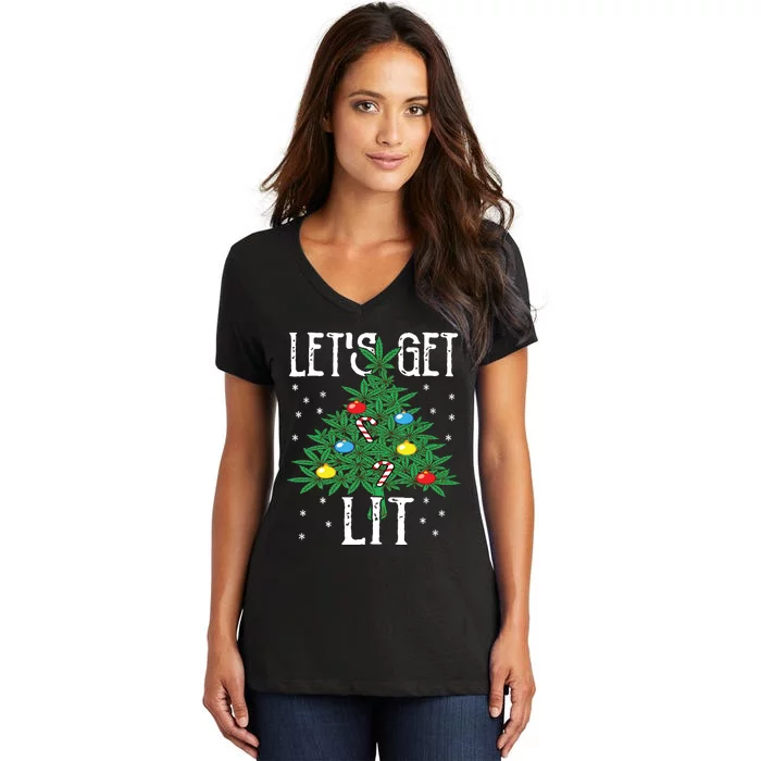 Lets Get Lit Marijuana Leaf Christmas Tree Cannabis Weed Women's V-Neck T-Shirt