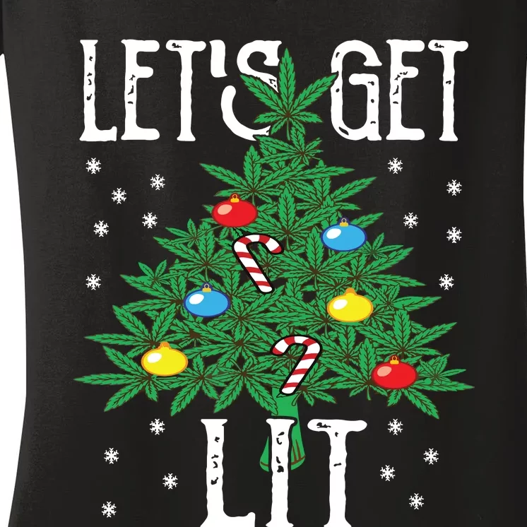 Lets Get Lit Marijuana Leaf Christmas Tree Cannabis Weed Women's V-Neck T-Shirt