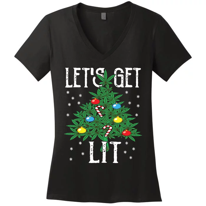 Lets Get Lit Marijuana Leaf Christmas Tree Cannabis Weed Women's V-Neck T-Shirt