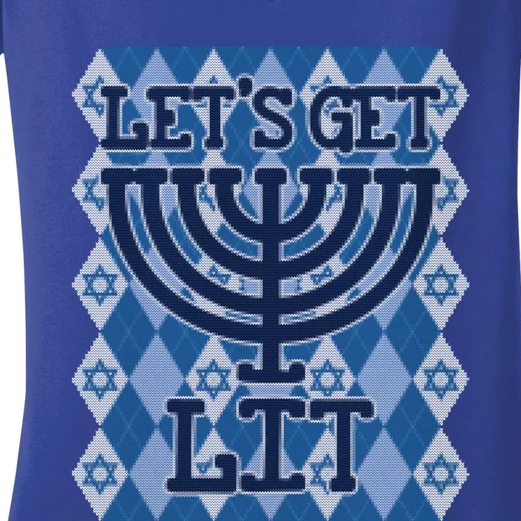 Let's Get Lit Ugly Hanukkah Sweater Chanukah Party Gift Women's V-Neck T-Shirt