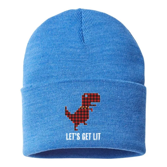 Let's Get Lit Christmas Tgiftrex Dino Red Plaid Buffalo Print Gift Sustainable Knit Beanie