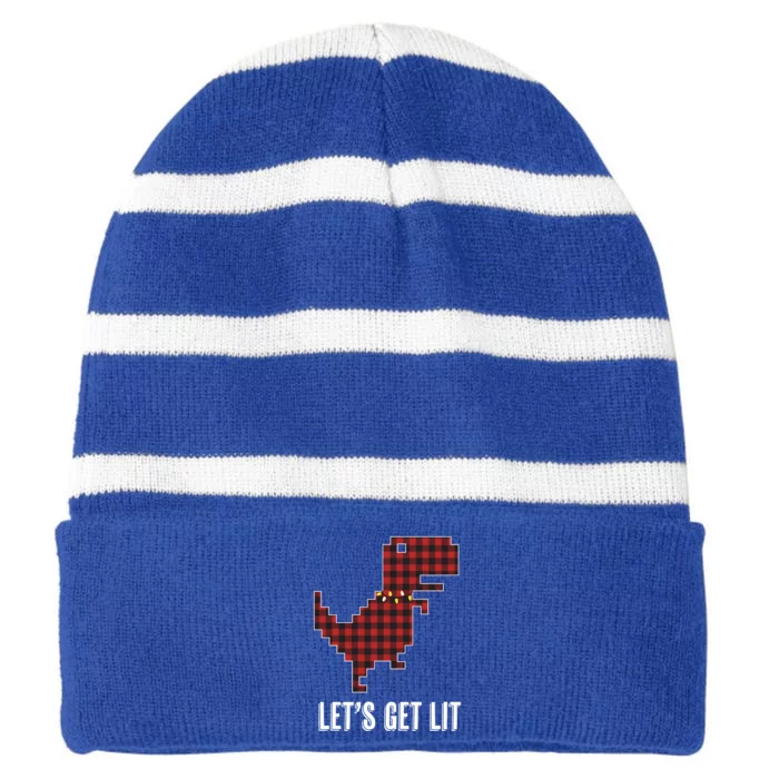 Let's Get Lit Christmas Tgiftrex Dino Red Plaid Buffalo Print Gift Striped Beanie with Solid Band