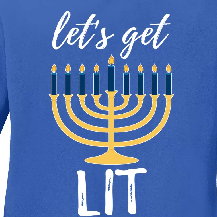 Let's Get Lit Funny Hanukkah Menorah Candles Jewish Gift Ladies Long Sleeve Shirt