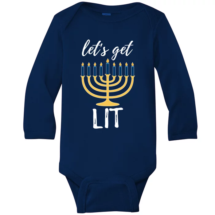 Let's Get Lit Funny Hanukkah Menorah Candles Jewish Gift Baby Long Sleeve Bodysuit