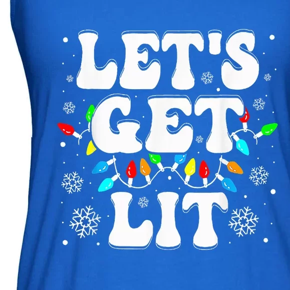 Let's Get Lit Funny Christmas Lights Xmas Pajamas Holiday Ladies Essential Flowy Tank