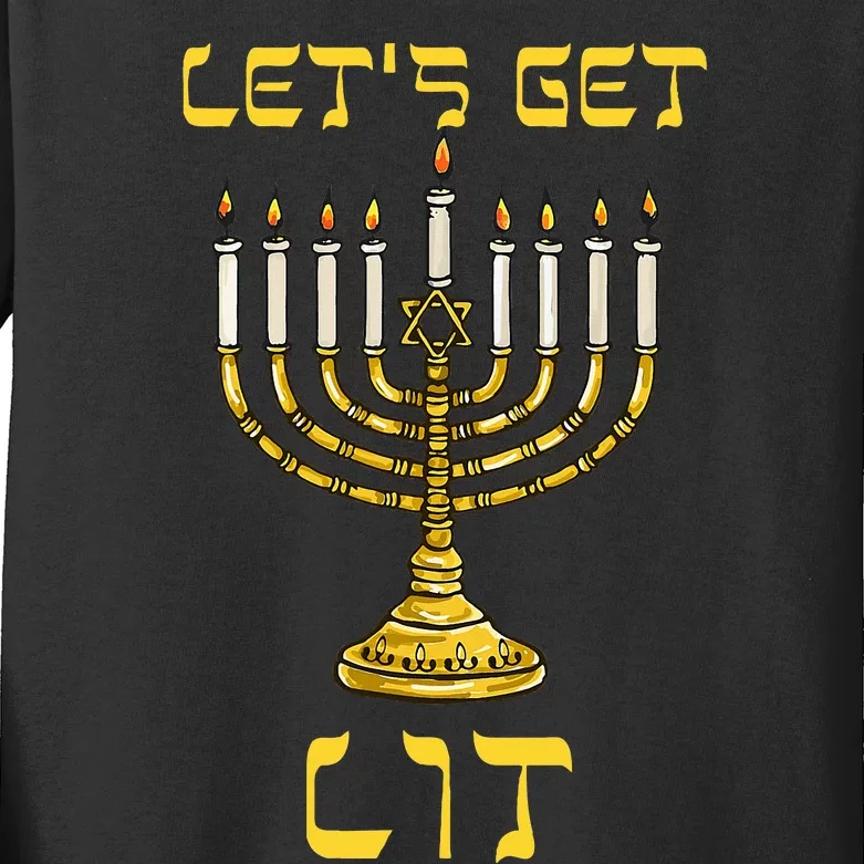 Let's Get Lit Chanukah Happy Hanukkah Funny Menorah Jewish Kids Long Sleeve Shirt