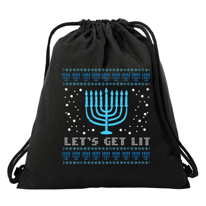 Lets Get Lit Ugly Hanukkah Menorah Chanukah Jew Drawstring Bag