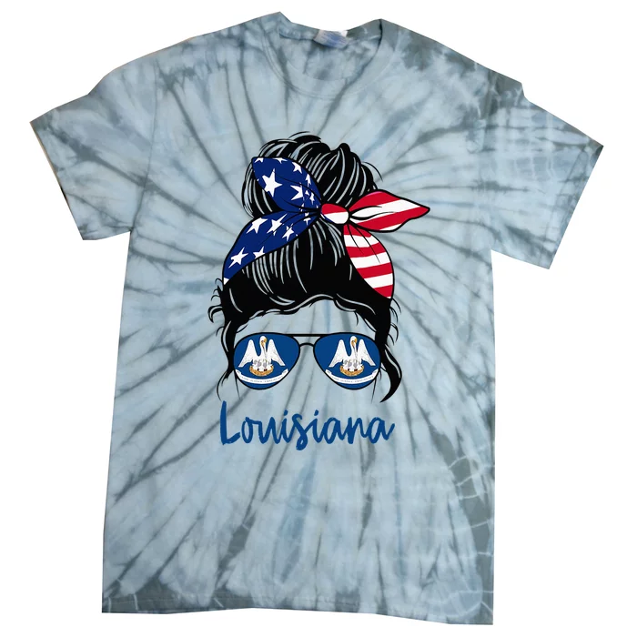 Louisiana Girl Louisiana Flag State Girlfriend Messy Bun Tie-Dye T-Shirt