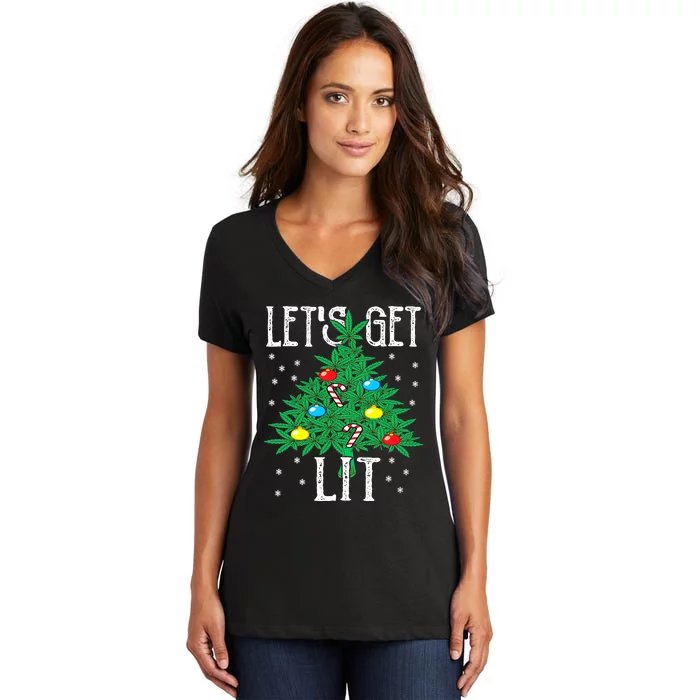 Let's Get Lit Weed X-mas Tree Gift Marijuana Christmas Women's V-Neck T-Shirt