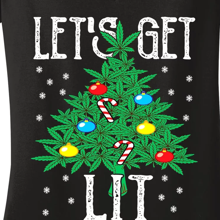 Let's Get Lit Weed X-mas Tree Gift Marijuana Christmas Women's V-Neck T-Shirt