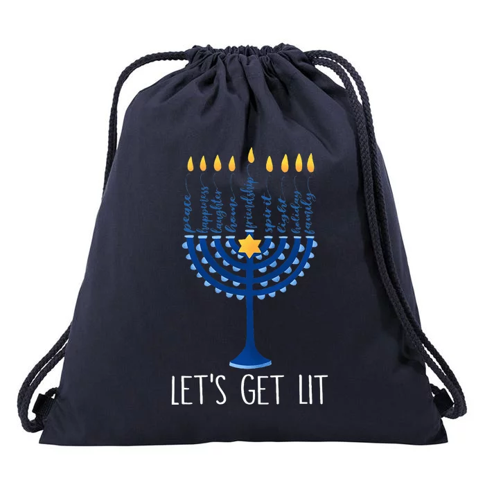 Lets Get Lit Happy Hanukkah Menorah Jewish Drawstring Bag