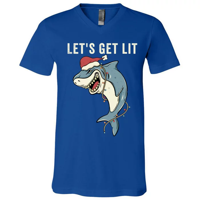 Let's Get Lit Christmas Lights Pun Funny Shark Santa Meme Gift V-Neck T-Shirt