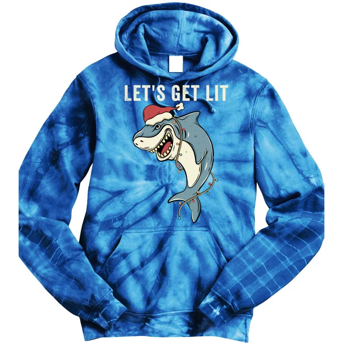 Let's Get Lit Christmas Lights Pun Funny Shark Santa Meme Gift Tie Dye Hoodie