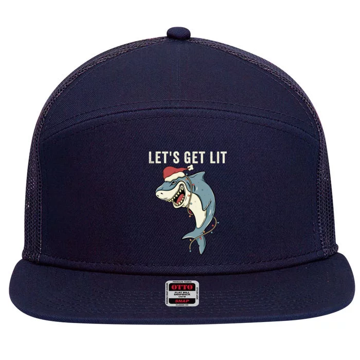 Let's Get Lit Christmas Lights Pun Funny Shark Santa Meme Gift 7 Panel Mesh Trucker Snapback Hat