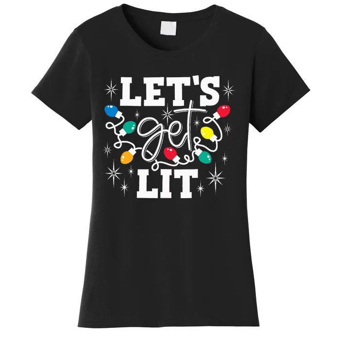 Let's Get Lit Drinking Santa Hat Christmas Lights Funny Women's T-Shirt