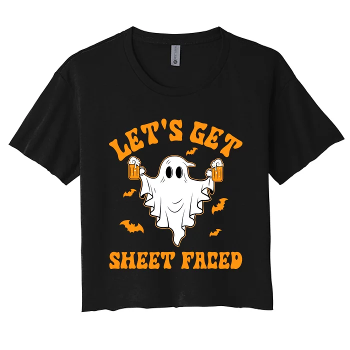 LetS Get Sheet Faced Funny Ghost Halloween Beer Drinking Women's Crop Top Tee