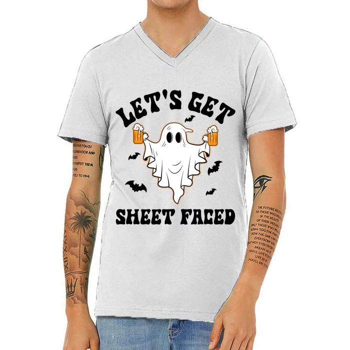 LetS Get Sheet Faced Funny Ghost Halloween Beer Drinking V-Neck T-Shirt