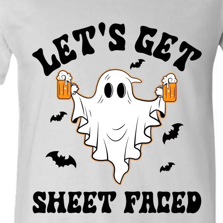 LetS Get Sheet Faced Funny Ghost Halloween Beer Drinking V-Neck T-Shirt