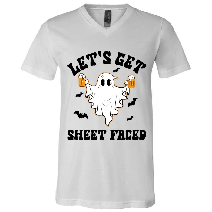 LetS Get Sheet Faced Funny Ghost Halloween Beer Drinking V-Neck T-Shirt