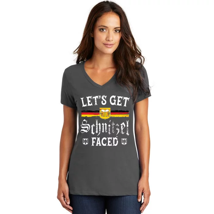 Lets Get Schnitzel Faced Funny Oktoberfest Women's V-Neck T-Shirt