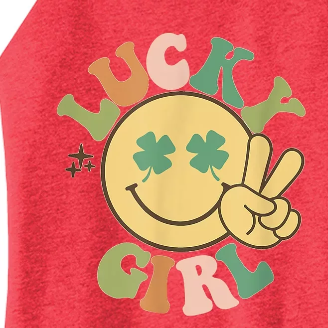 Lucky Girl St. Patricks Day Retro Smiling Face Shamrock Women’s Perfect Tri Rocker Tank