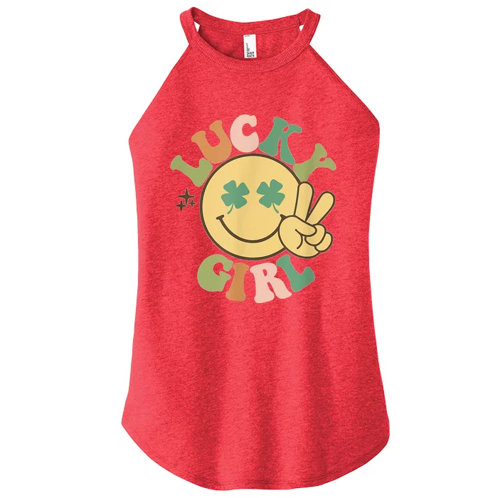 Lucky Girl St. Patricks Day Retro Smiling Face Shamrock Women’s Perfect Tri Rocker Tank