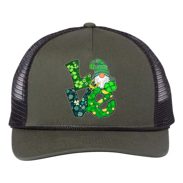 Love Gnome Shamrock Horseshoe Lucky Happy St Patricks Day Retro Rope Trucker Hat Cap