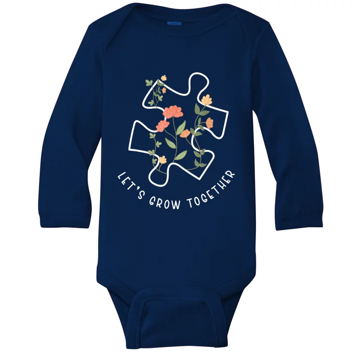 Let's Grow Together Puzzle Flowers Autism Support Girl Baby Long Sleeve Bodysuit