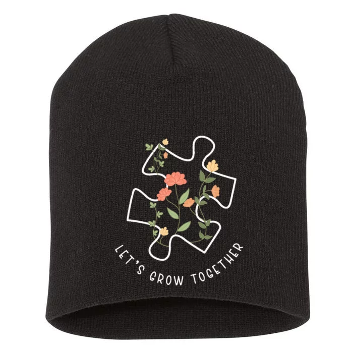 Lets Grow Together Puzzle Flowers Autism Support Short Acrylic Beanie