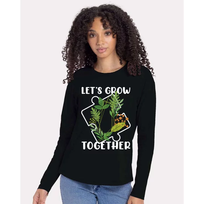 Let's Grow Together Autism Puzzle Piece Plants Meme Gift Womens Cotton Relaxed Long Sleeve T-Shirt